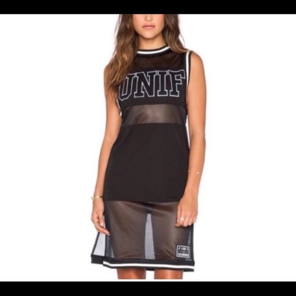 UNIF Dev Jersey Dress‎ Mesh Sheer Panel Black White - Picture 3 of 15